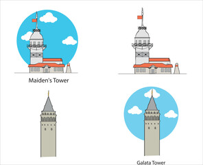 Maidens Tower and Galata Tower Istanbul Turkey. Hand drawing vector illustration