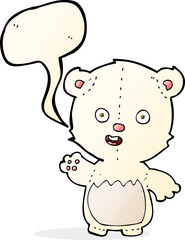 cartoon waving polar bear cub with speech bubble