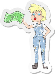 retro distressed sticker of a cartoon confident farmer woman with money