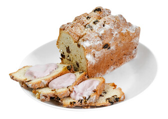 cupcake with sliced ​​raisins on a white plate mockup close-up on a transparent background