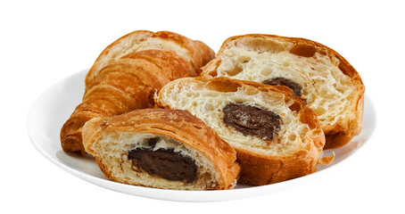 croissant with chocolate on a white plate on a transparent background close-up
