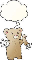 cartoon teddy bear with torn arm and thought bubble in smooth gradient style