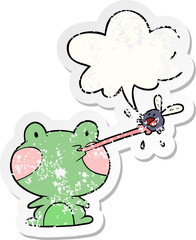 cute cartoon frog catching fly and tongue and speech bubble distressed sticker