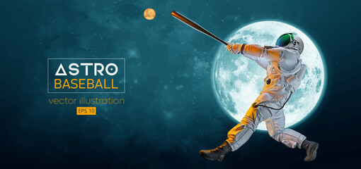 Baseball player astronaut in space action and Moon, Mars planets on the background of the space. Vector illustration