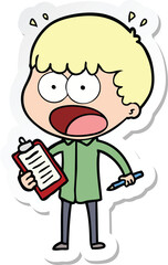 sticker of a cartoon shocked man with clipboard and pen