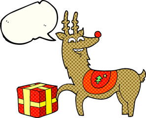 comic book speech bubble cartoon christmas reindeer with present