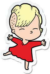 sticker of a cartoon squinting girl