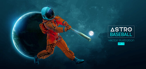 Baseball player astronaut in space action and Earth, Moon planets on the background of the space. Vector illustration