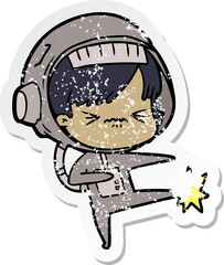distressed sticker of a angry cartoon space girl stubbing toe