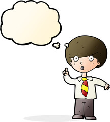cartoon school boy answering question with thought bubble