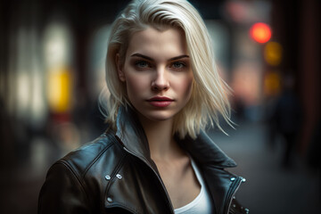 Fototapeta premium Fierce Blonde in a Leather Jacket and Skinny Jeans, generative ai