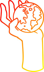 warm gradient line drawing cartoon hand holding whole earth