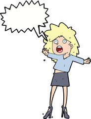 cartoon woman having trouble walking in heels with speech bubble