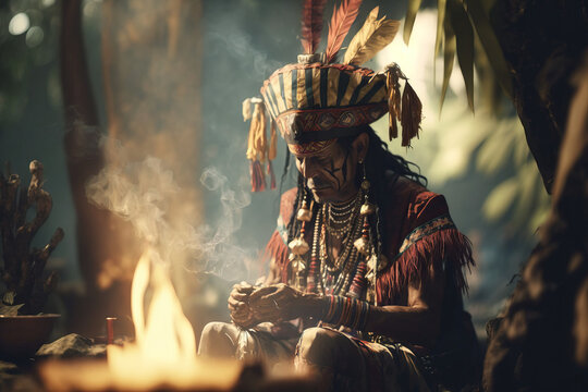 Spiritual Shamanism. Traditional healing ceremony by a Mayan shaman. Ritual concept. AI Generative