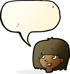 cartoon happy female face with speech bubble