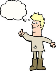 cartoon positive thinking man in rags with thought bubble