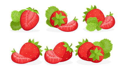 Set of strawberries with leaves on a white background