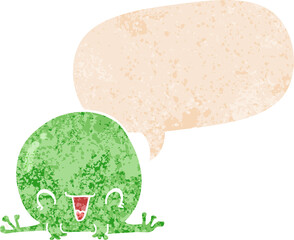 cartoon frog and speech bubble in retro textured style