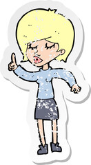 retro distressed sticker of a cartoon woman with idea