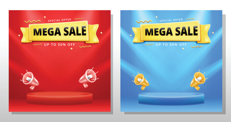 Fototapeta premium sale promo banner template with 3D podium and bolt icons