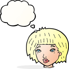 cartoon bored looking woman with thought bubble
