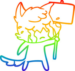 rainbow gradient line drawing crying fox cartoon with placard