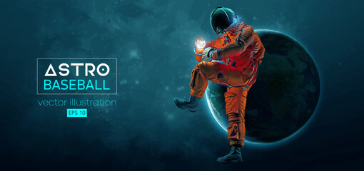 Baseball player astronaut in space action and Earth, Moon planets on the background of the space. Vector illustration