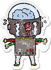 distressed sticker of a cartoon crying robot