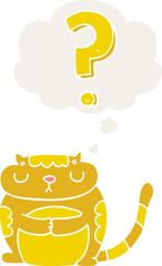 cartoon cat with question mark and thought bubble in retro style