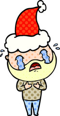 comic book style illustration of a bearded man crying wearing santa hat