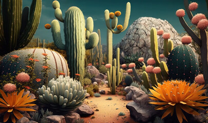  a desert scene with cactus, cacti and rocks.  generative ai