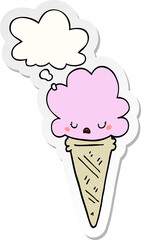cartoon ice cream with face and thought bubble as a printed sticker