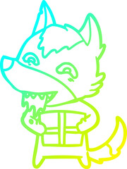 cold gradient line drawing cartoon hungry wolf holding christmas present