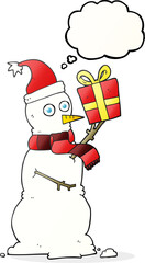 thought bubble cartoon snowman holding present