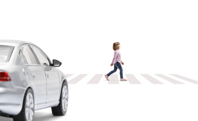 Full length profile shot of a little girl walking alone on a pedestiran crossing