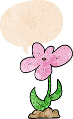 cartoon flower and speech bubble in retro textured style