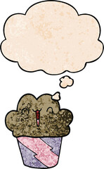 cartoon cupcake with face and thought bubble in grunge texture pattern style
