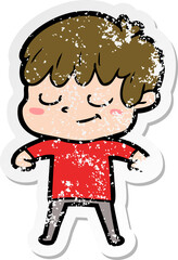 distressed sticker of a cartoon happy boy