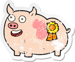 retro distressed sticker of a cartoon prize winning pig