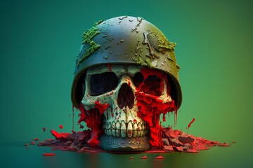 Moldy ugly scary bloody human skull in a military helmet. Isolated on solid color studio background. War, death, conflict concept. The importance of peace - obrazy, fototapety, plakaty