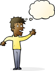 cartoon happy boy waving with thought bubble