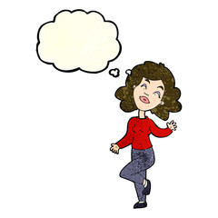 cartoon happy woman dancing with thought bubble