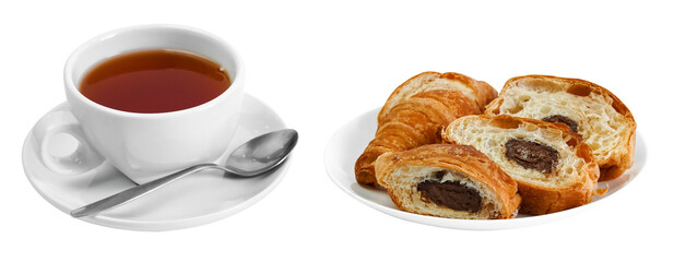 tea in a white ceramic cup with a chocolate croissant on a transparent background