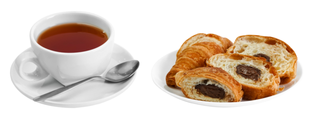 tea in a white ceramic cup with a chocolate croissant on a transparent background