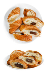 croissant chopped with  chocolate on a white plate on a transparent background top view side view