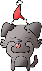 gradient cartoon of a dog rubbing eyes wearing santa hat
