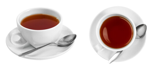 black tea in a white ceramic cup and saucer on a transparent background, top view side view