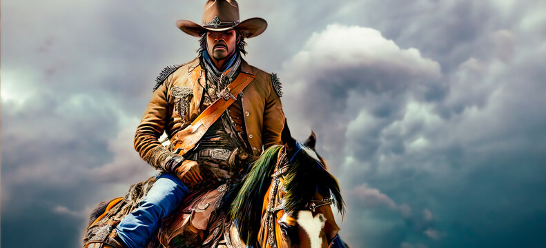 Lone cowboy riding horse towards the camera. illustration, generative ai, generative, ai