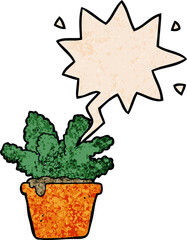 cartoon house plant and speech bubble in retro texture style