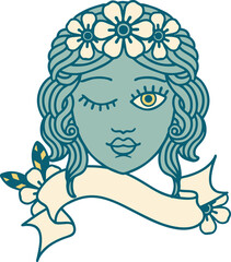 tattoo with banner of a maidens face winking